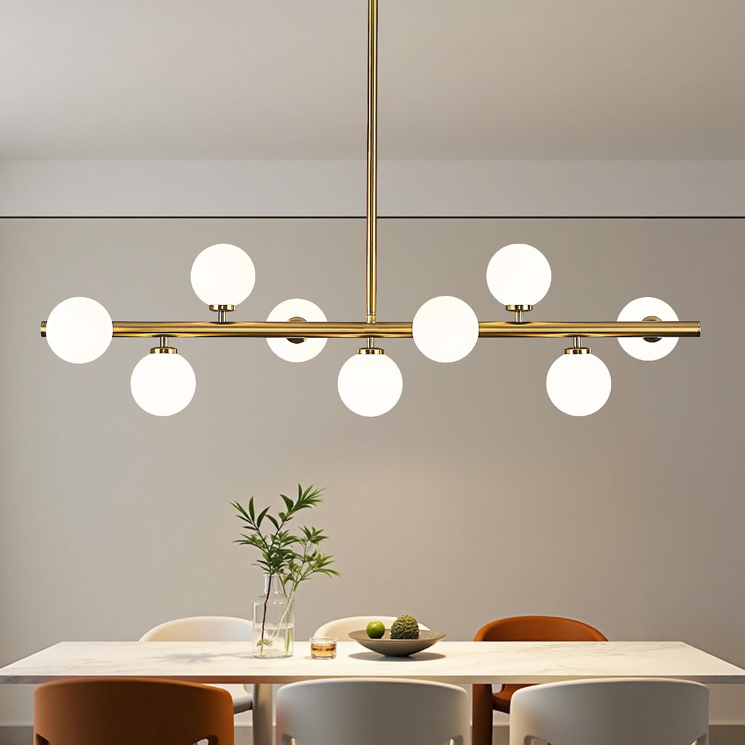 Mid Century Modern Globe Sputnik Chandelier, 9-Light Linear Chandeliers for Dining Room and Kitchen Island, Dining Light Fixture Over Table, Brass Gold and Milk White Glass Bubble, 40 Inch