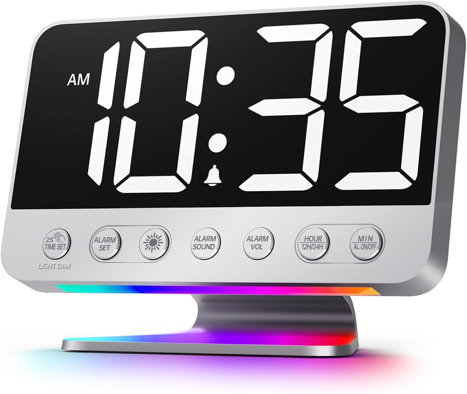 Odokee Digital Alarm Clocks for Bedrooms: Easy to Read Across The Room | Large Bold Number 5 Brightness Dimmer – 8 Night Light 5 Sound – Loud Alarm for Heavy Sleepers with Adjustable Volume – Silver
