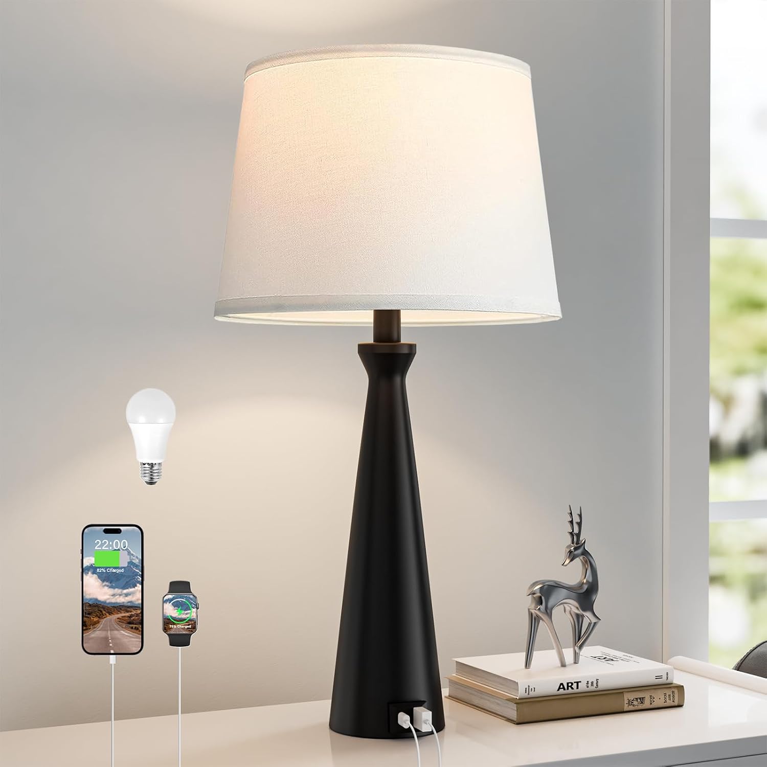 Seealle Single Modern Table Lamp – Touch Bedside Lamp for Nightstand with USB Dual C+A,3-Way Dimmable Black Nightstand Lamp for Living Room Bedroom End Table(Bulb Included)