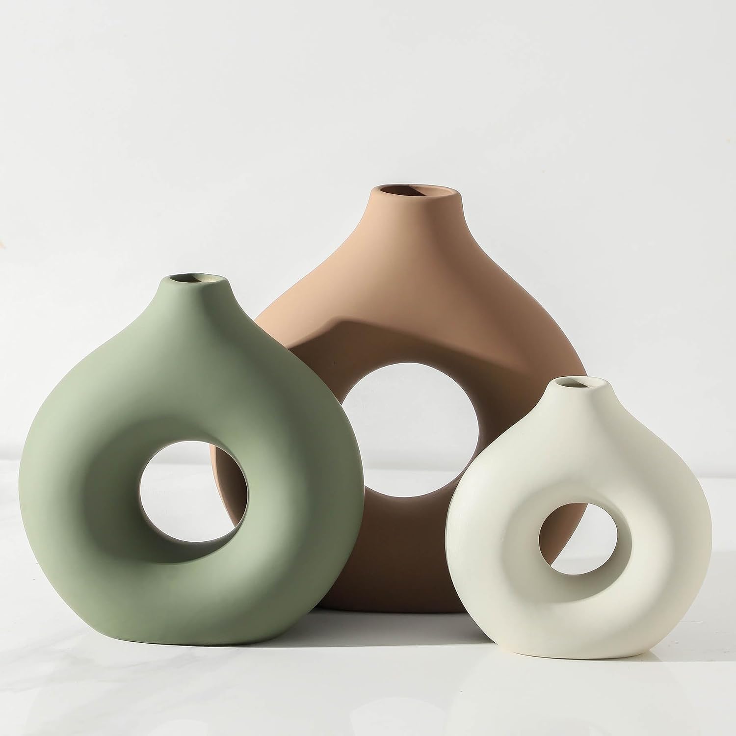 Vanselia Ceramic Vase Home Table Decor – Flower Vases Set of 3 Small Living Room Centerpiece Decorations for Shelf Bedroom Office Kitchen Dining Desk Modern Aesthetic Farmhouse Decorative (Brown)
