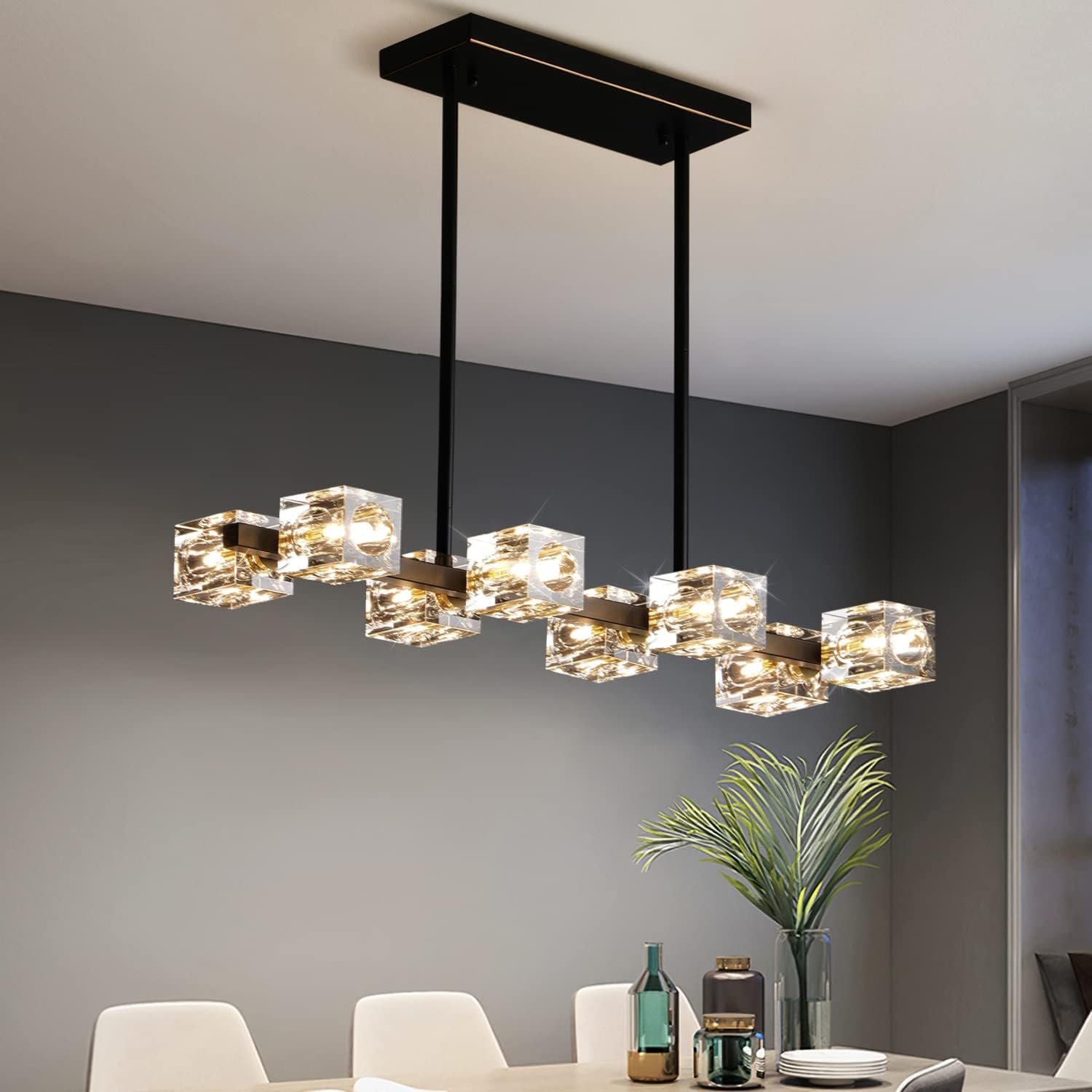 Modern Crystal Chandelier for Dining Room,Black and Gold Pendant Lights Fixture 8-Lights Adjustable Height Hanging Ceiling Light for Kitchen Island Bedroom Over Table Living Room