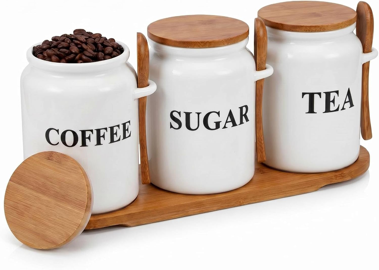 Willinglong Set of 3 Coffee Sugar and Tea Canister Set with Tray and Spoon 27 oz Ceramic Farmhouse White Container Jar with Airtight Lid Spoon Label for Sugar Tea Coffee Bar Kitchen Countertop Storage