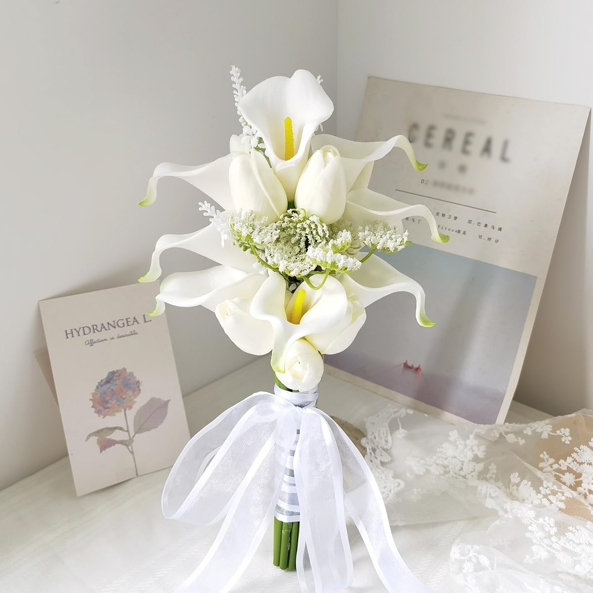 Tulips Calla Lily Artificial Flowers | Real Touch |Bridal Bouquet | Wedding Bouquet Home Décor Party (White)