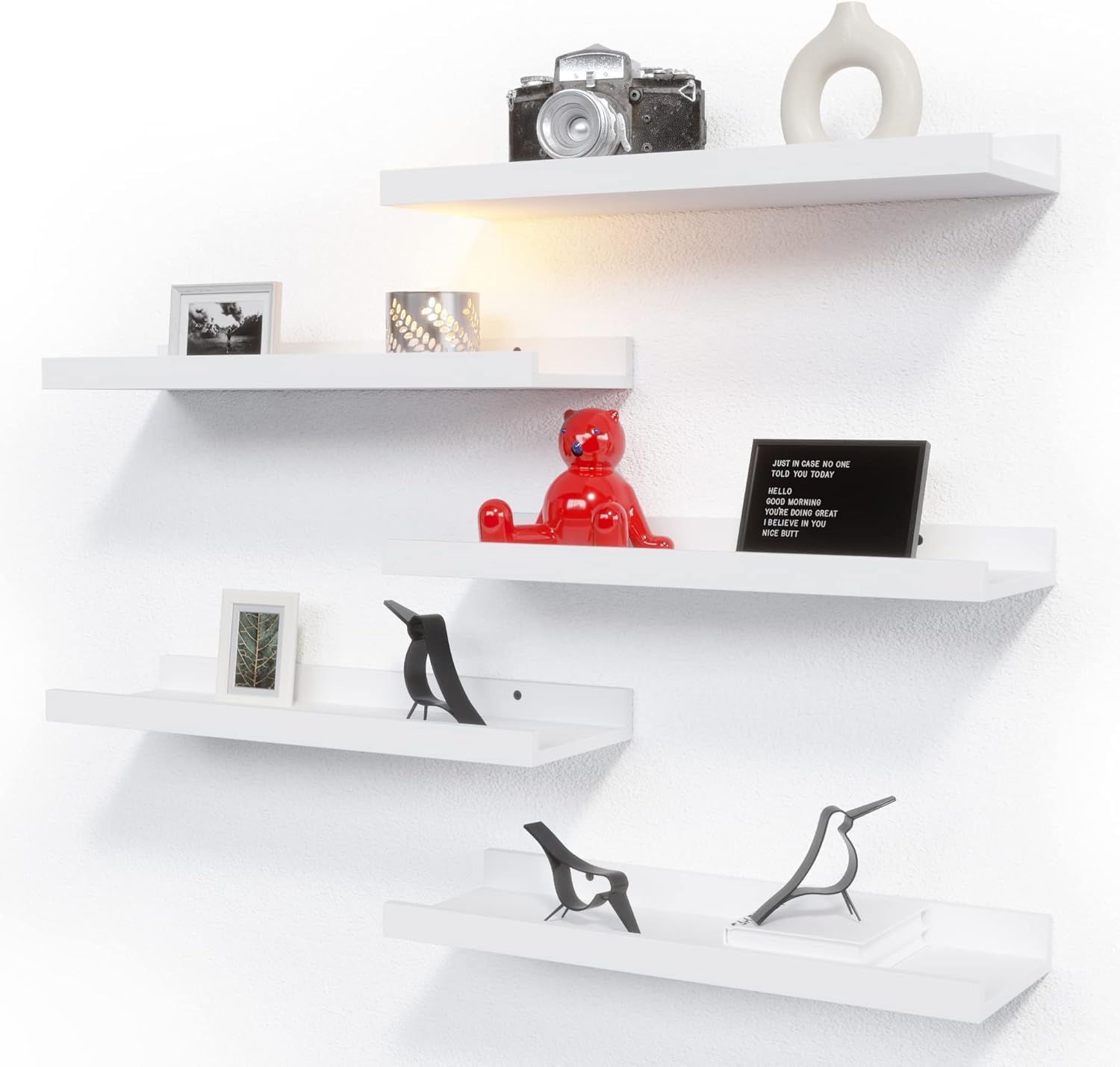 RICHER HOUSE 5-Set Floating Shelves with Lip, White Wall Mounted Wood Shelf | Display Picture Ledge Shelf, Anti-drop lip Shelf for Room Wall Decor, Bedroom Bathroom Storage Nursery Books, Easy Setup 16in