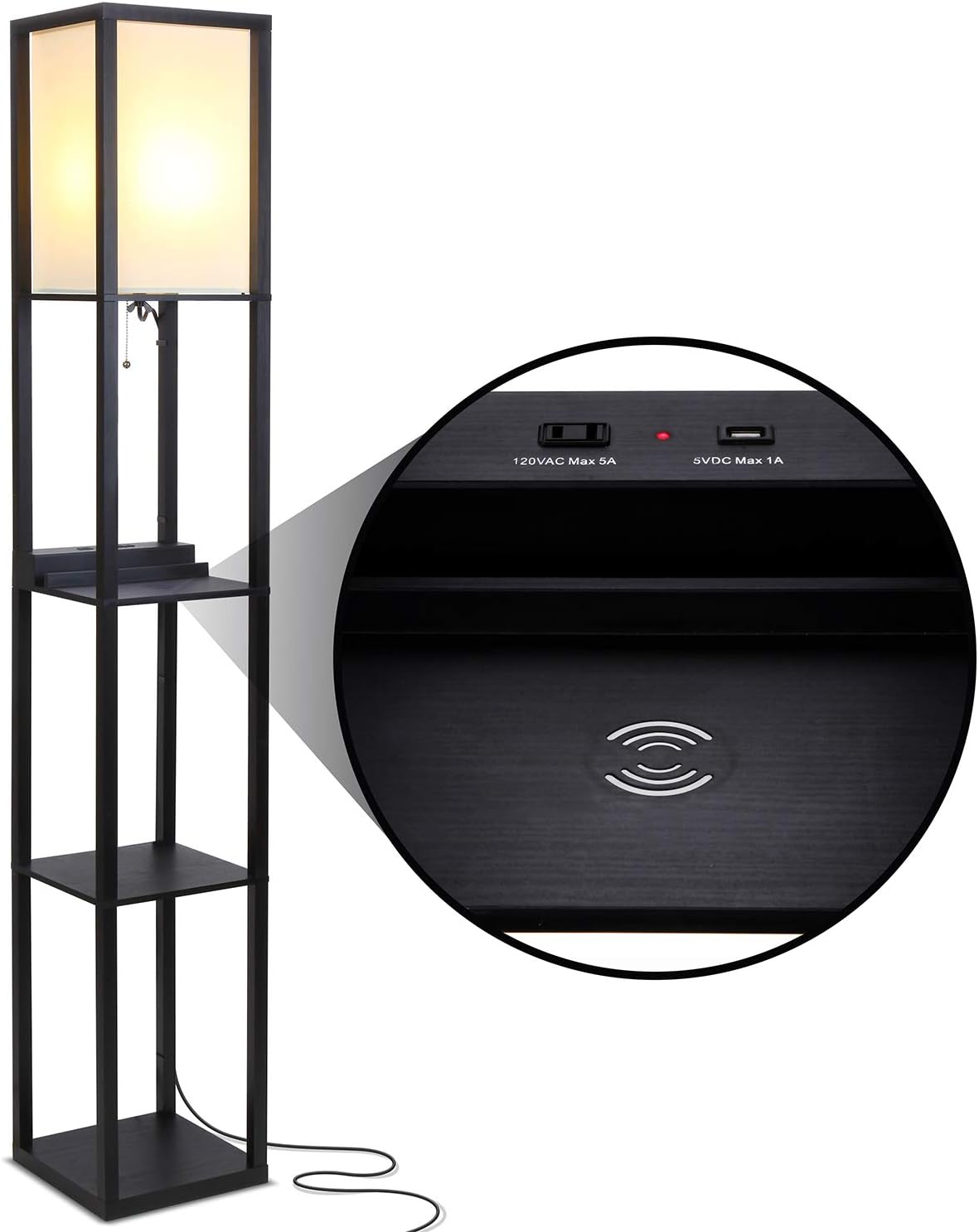 Brightech Maxwell – Modern Shelf Floor Lamp with USB Ports, Wireless Charging & Outlet – Versatile Corner Display and Lamp with Shelves, Storage Solution for Living Room, Office, Bedroom – Black
