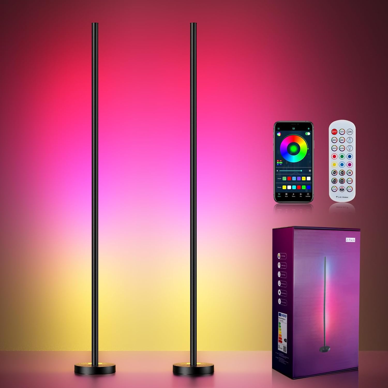 OIYN Smart RGBICW LED Corner Floor Lamp 2 Pack – 16 Million DIY Colors, 68+ Scenes, Music Sync, App & Remote Control, Color-Changing Ambient Lighting for Living Rooms, Bedrooms, and Gaming Rooms