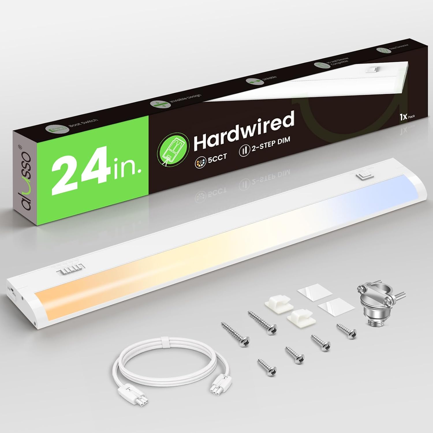 ALUSSO 24 Inch LED Under Cabinet Lighting Hardwired 120V, 5CCT Color Selectable 2700K-5000K Dimmable 15W 1200LM High Brightness, CRI 90+ Strip Linkable Under Counter Lights for Kitchen Sink, 1 Pack