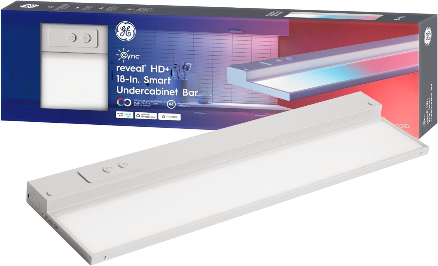 Cync GE Reveal HD+ Smart Under Cabinet Light Bar, Color Changing, 18 in | Wi-Fi app control, works with Alexa & Google Home, color changing LED, easy install, smart kitchen lighting