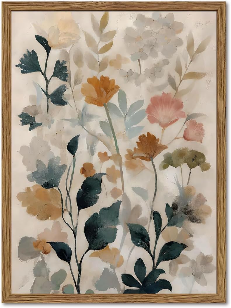 Framed Floral Bathroom Wall Art, Vintage Botanical Wall Decor Pictures, Watercolor Wildflower Canvas Prints Paintings Neutral Antique Flower Plant Home Decor for Living Room Bedroom 12×16 Inch