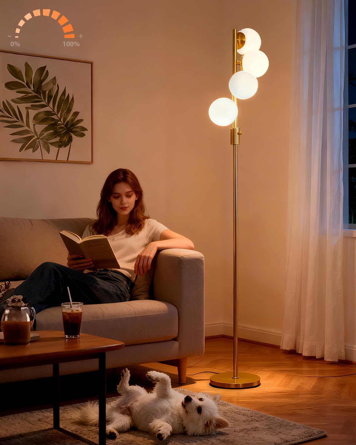 Lightdot 64IN Dimmable Globe Floor Lamp, Gold Standing Lamps with 4PCS 3000K Bulbs Warm White, Mid Century Modern Floor Lamp with 5Lbs Heavy Base for Living Room/Bedroom/Sofa Beside/Corner Decor