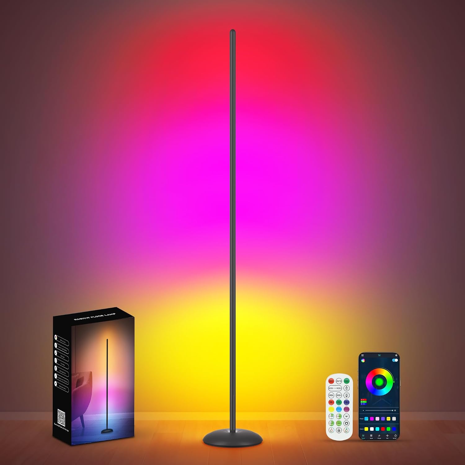 LED Corner Floor Lamp, Smart RGB Corner Lamps for Living Room | APP & Remote Control, Dimmable 16 Million Color Changing & 213 Scenes, Music Sync, Standing LED Lights for Bedroom – Black