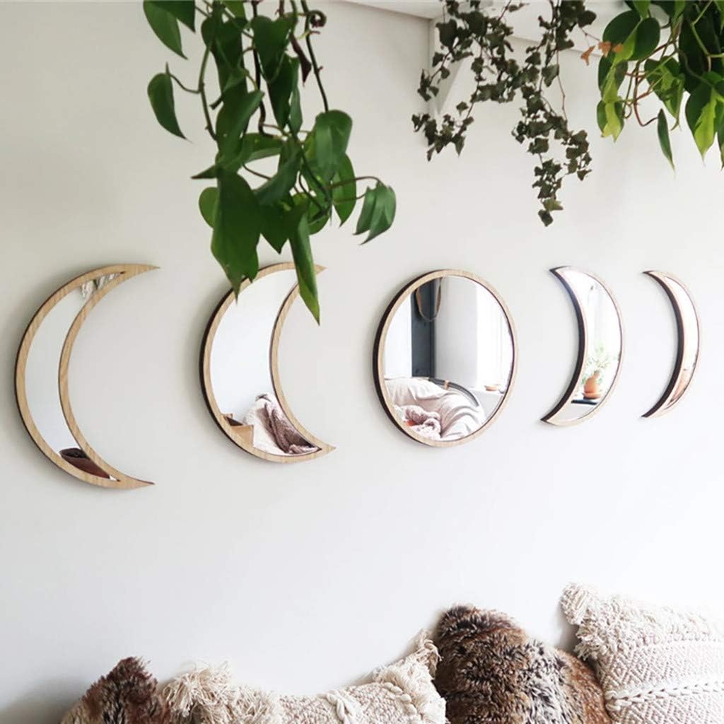 Scandinavian Decor 5-Piece Acrylic Wall Decor – Wooden Moon Phase Mirror, Bohemian Design for Living Room, Bedroom – Beige