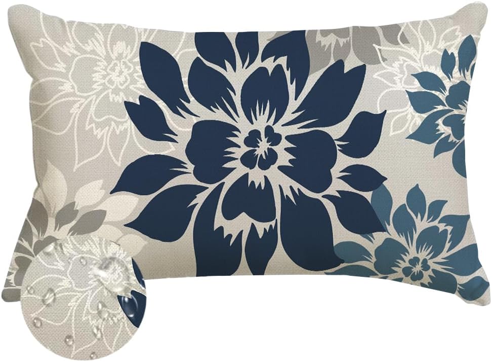 Waterproof Dark Blue Dahlia Floral Outdoor Pillow Covers 12×20 Inch, Decorative Spring Summer Cushion Cases for Living Room Sofa Patio Garden Porch