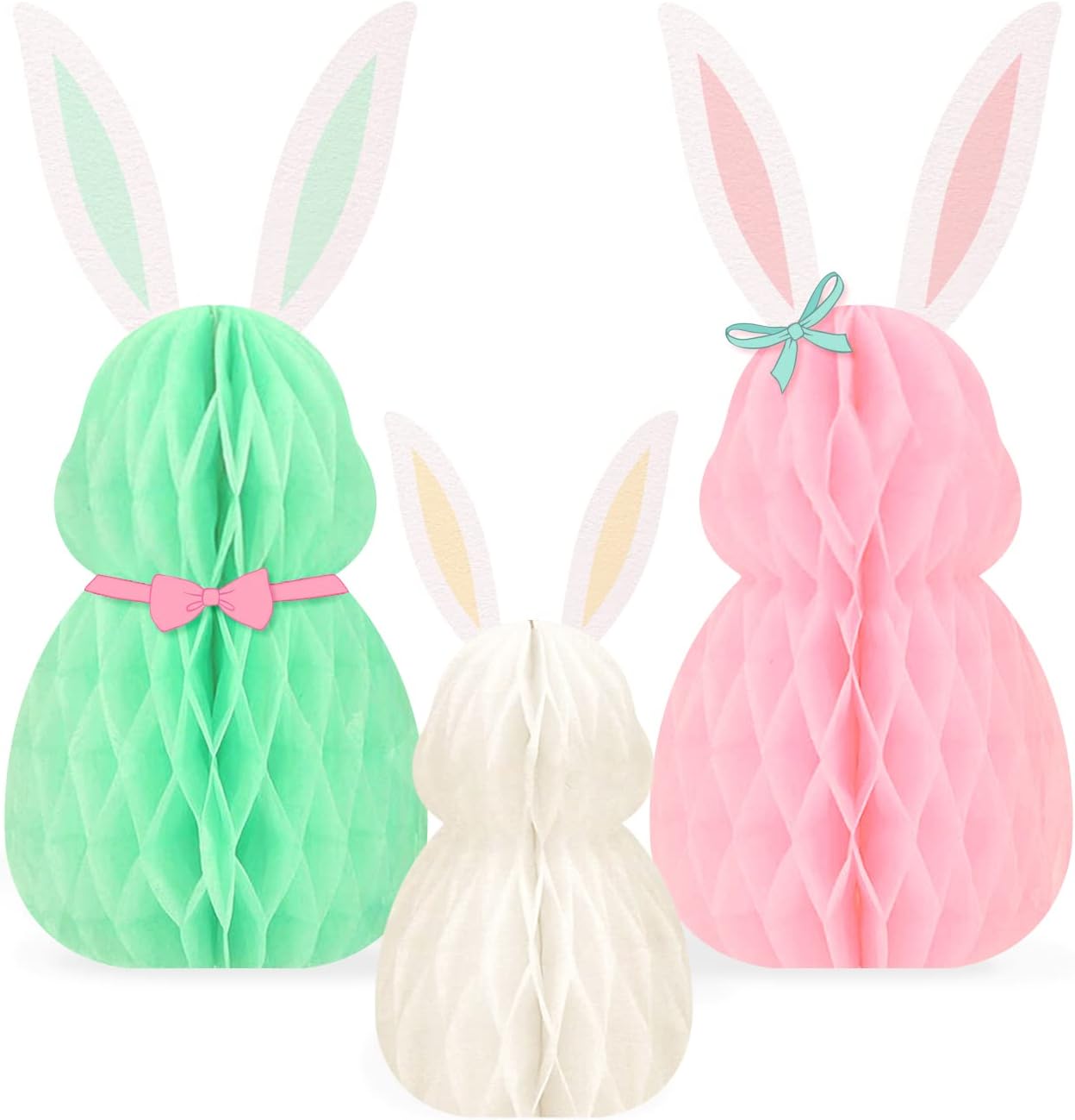 NICROLANDEE Easter Decorations – 3Pcs Mini Easter Bunny Family Honeycomb DIY Table Centerpiece Set for Spring Easter Decors, Birthday, Bunny Themed Party, Garden Party, Egg Hunt Supplies