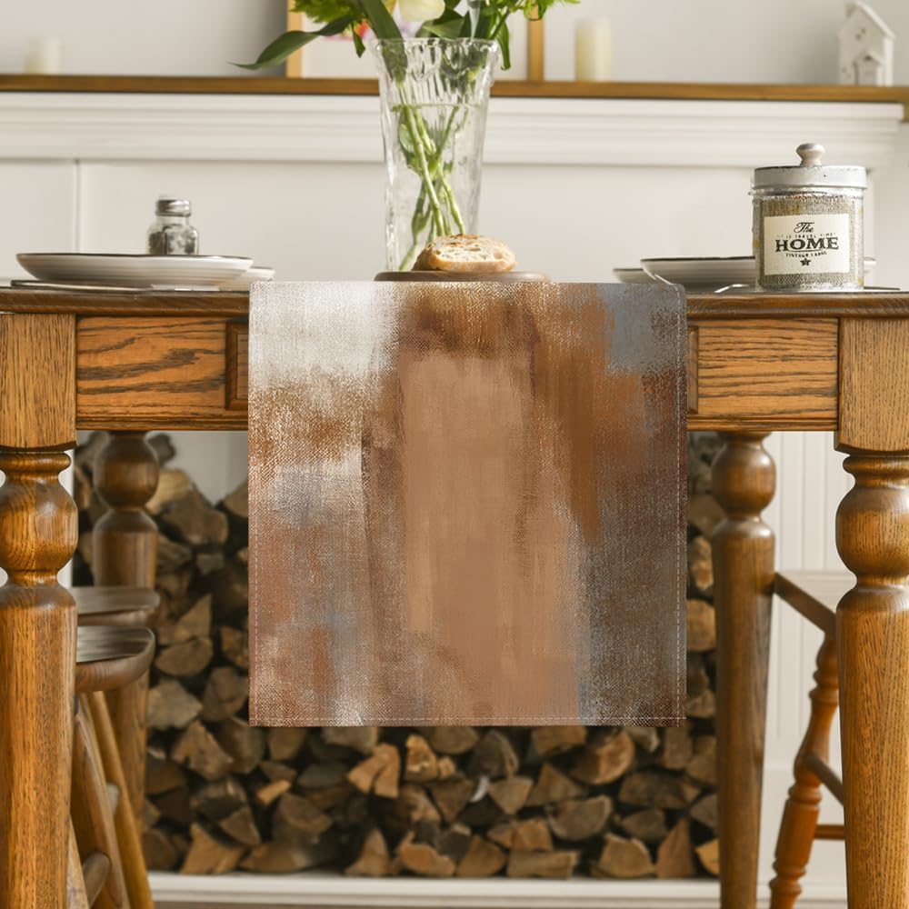 Artoid Mode Brown Abstract Modern Art Table Runner, Seasonal Farmhouse Style Kitchen Dining Table Decoration for Home Party Decor 13×72 Inch