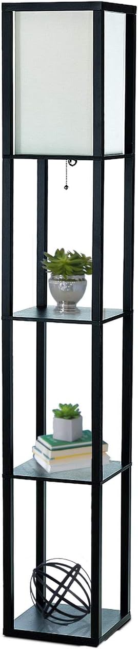 Simple Designs LF1014-BLK 62.5″ Modern Etagere Organizer Storage 3 Shelf Floor Lamp with White Linen Fabric Shade for Home Décor, Office, Study, Bedroom, Living Room, Dining Room, Black
