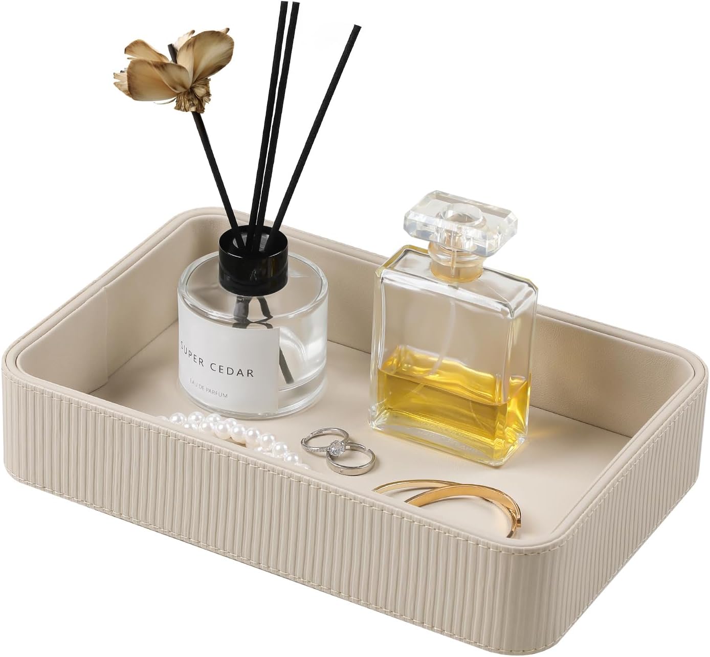 Valet Tray Organizer Bedside Nightstand Organizer Desk CatchallTray | PU Leather, Soft Lining, Larger Size, Decorative Modern Design, Aesthetic Stripes, Waterproof And Stain-Resistant