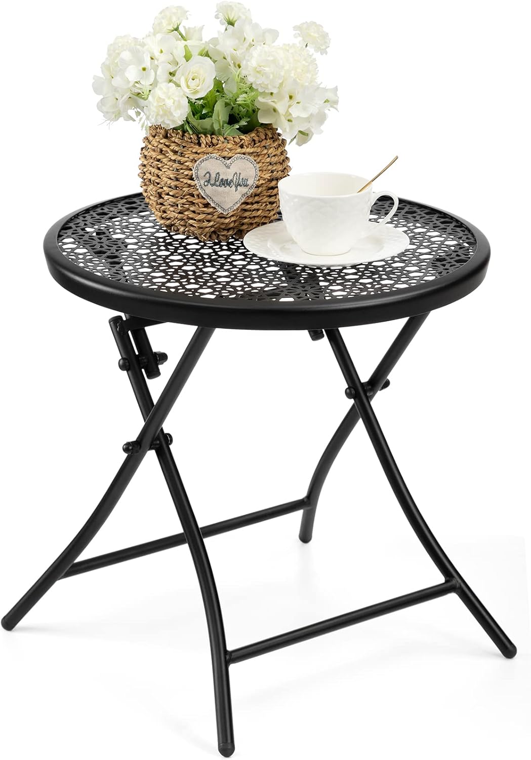 TeoKJ Folding Small Outdoor Side Tables, Anti Rust Small Patio Table Round Metal Nightstand with Flower Cutouts for Porch Yard Balcony Deck Lawn, Black
