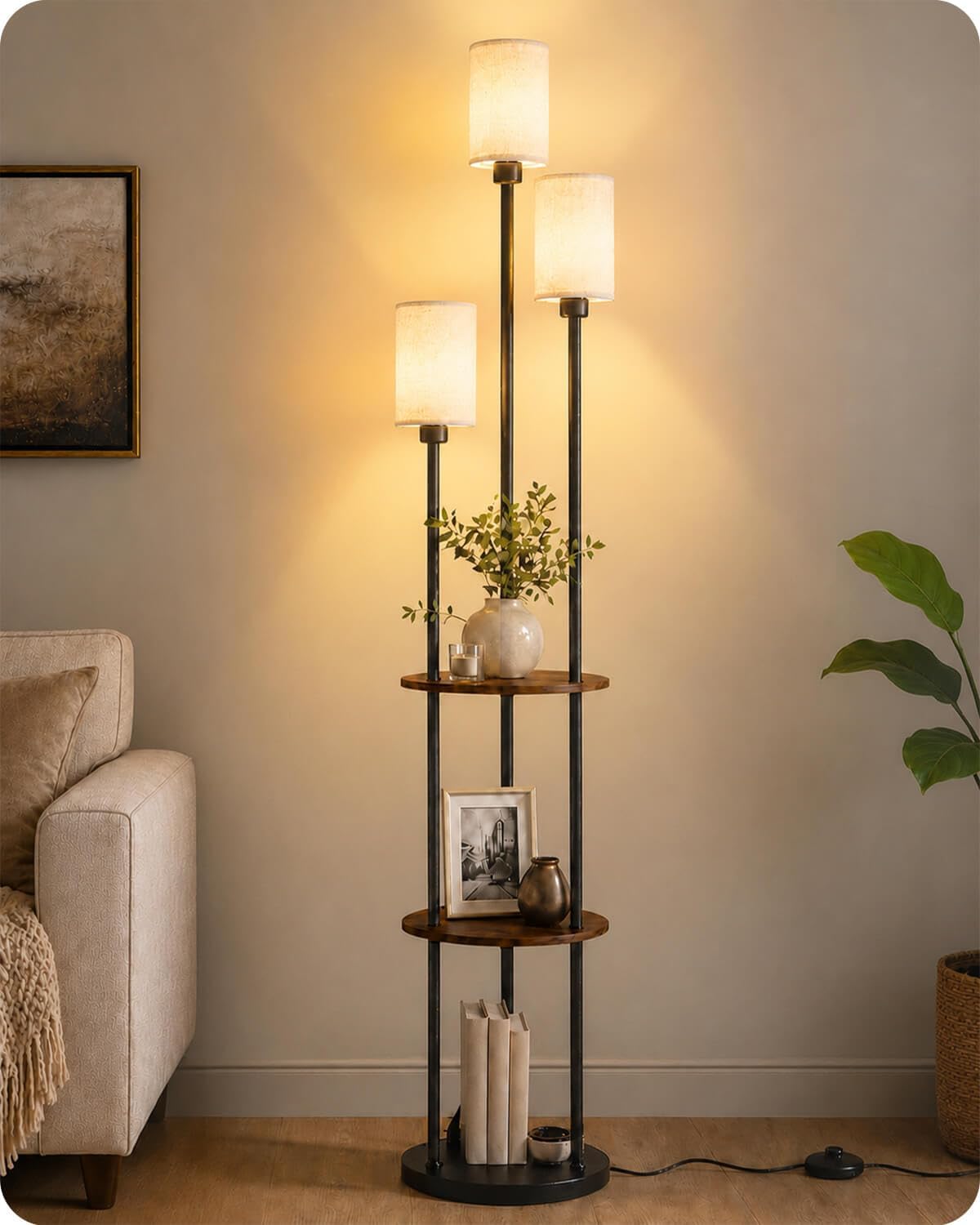 KIZON 71″ Floor Lamp with Shelves, 3-Tier Tall Standing Lamp with 3-Light E26 Base & Linen Shade, Modern Shelf Floor Lamp for Living Room, Bedroom, Office, Foot Switch, Black and Beige