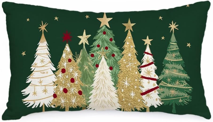 AACORS Christmas Pillow Cover 12X20 Inch Watercolor Christmas Tree Stars Decoration Holiday Farmhouse Winter Pillow Case for Sofa Couch Decor（Green） AA366-12