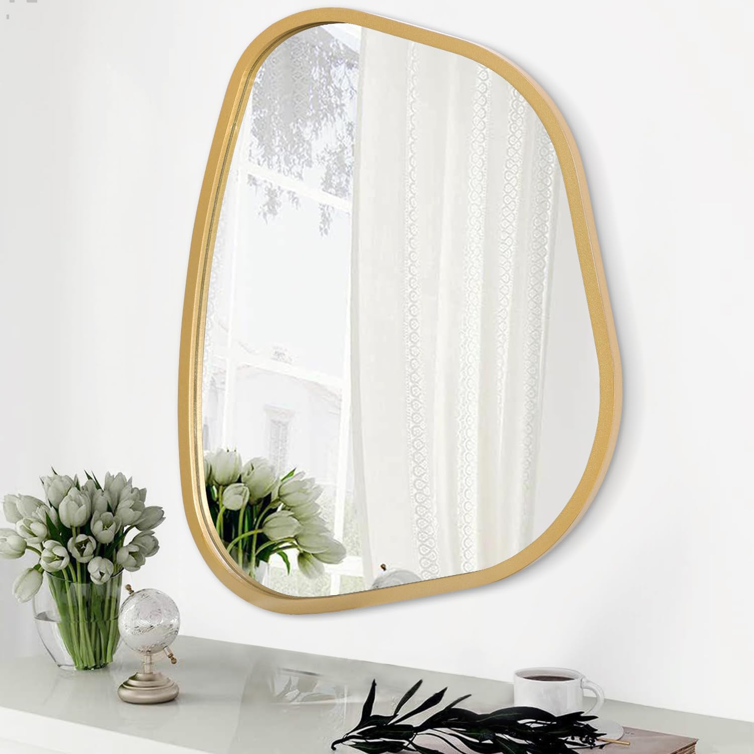 Asymmetrical Accent Mirror for Wall Irregular Oval Wood Frame Modern Unique Wall Mirror Decorative Vanity Bathroom Living Room Bedroom Entryway Hallway Artistic Mirror Small Gold 14″x10″