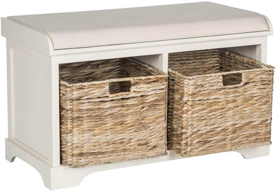 SAFAVIEH Furniture – Freddy 2-Basket Storage Bench – Vintage White – Solid Wood – Coastal Basket Storage Design – Ideal for Entryway, Living Room, Hallway, 18″ Seat Height – Fully Assembled (AMH5736D)