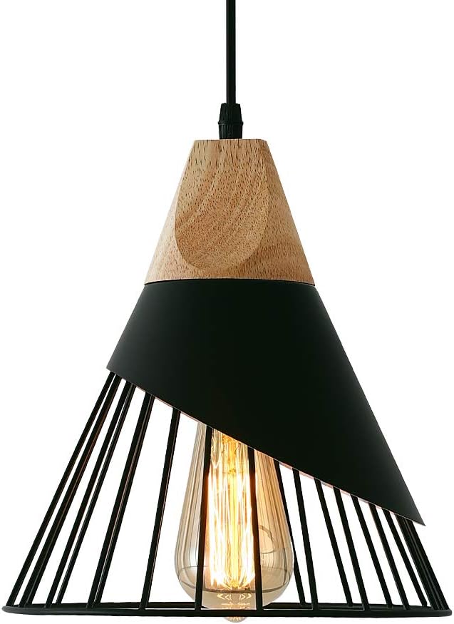 Pendant Light Black,Pendant Lights Kitchen Island,Wood Pendant Light,Adjustable Height Hanging Light Fixture for Kitchen Island Dining Room Bar Bedroom Hallway