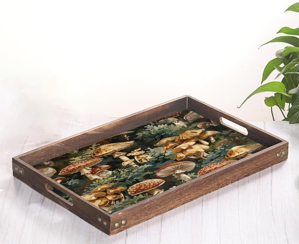 16″x12″ Watercolor Green Grey Brown Mushroom Forest Vintage Plant Leaf Wood Serving Tray Decorative Faux Leather Finish Marbling Modern Vanity Serving Tray for Coffee Table Kitchen and Bathroom