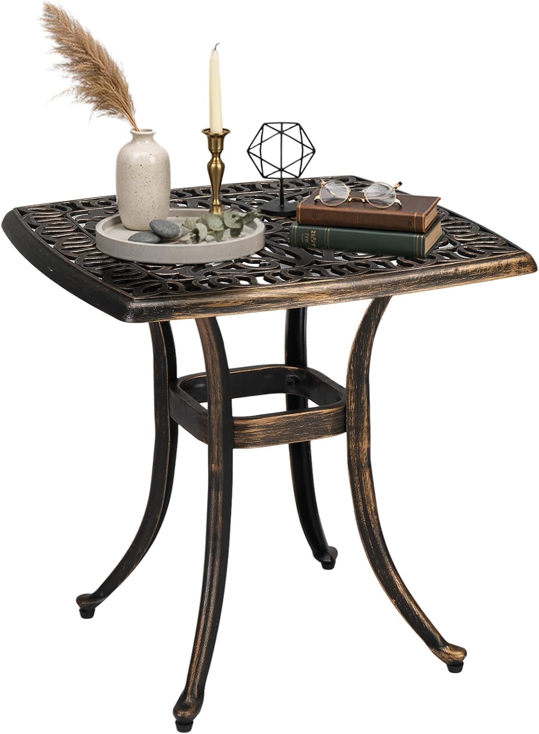 VINGLI 21” Outdoor Side Table, Cast Aluminum All-Weather Patio Side Table Small Outdoor Table Bistro Table for Outside, Porch, Balcony, Patio, Bronze