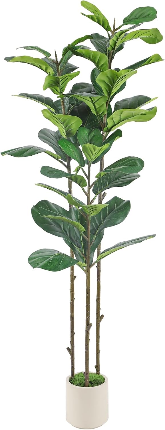 Alupssuc 5ft Artificial Fiddle Leaf Fig Tree with Green Moss | Fake Tree with White Planter Pot, Faux Ficus Tree for Indoor Home, Office & Living Room