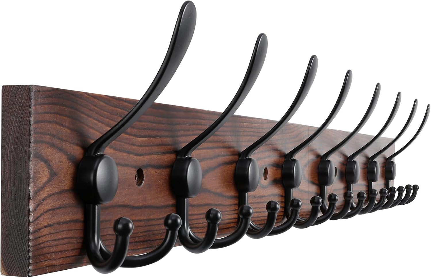 Kuhome 32.2” Large Coat Rack Wall Mount Coat Hooks Coat Hanger with 8 Metal Black Triple- Hooks Brown Pine Real Wood Plank Hat Rack for Wall Hooks for Hanging Coat Hat Jacket
