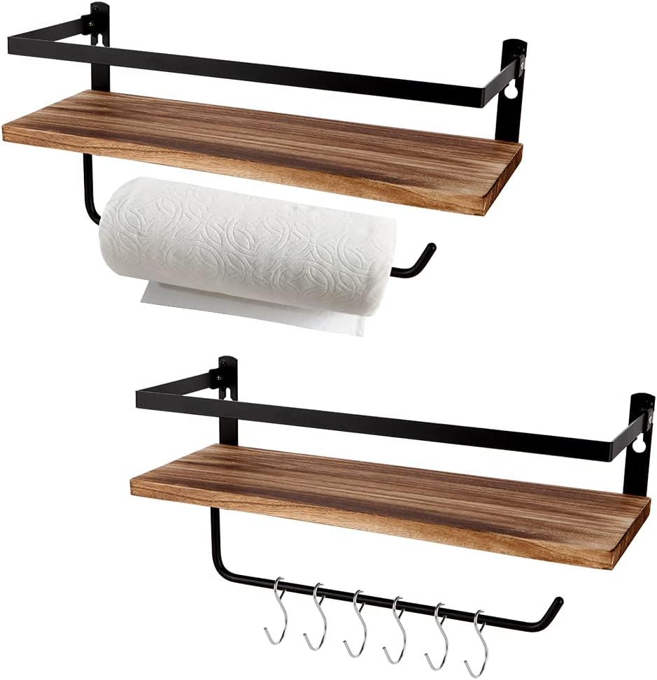 PHUNAYA Floating Shelves,Wall Mounted Shelf for Kitchen,Living Room,Bedroom,Bathroom Storage,Rustic Wood,Set of 2(Carbonized Black)