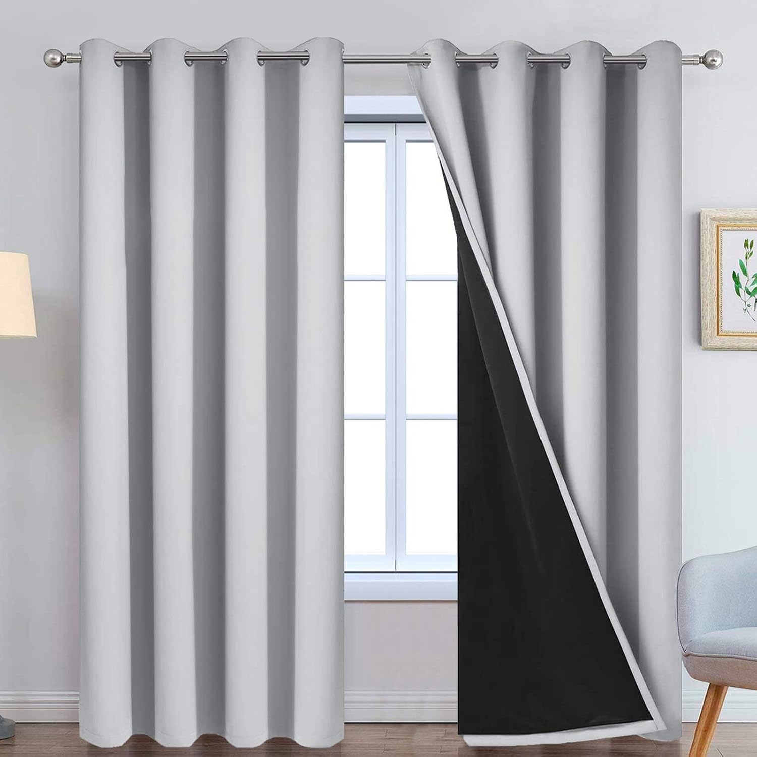 Yakamok Light Grey 100% Blackout Curtains 84 Inches Long 52″ Wide 2 Panel | Blackout Curtain Panels for Bedroom, 2 Thick Layers Grommet Top Thermal Insulated Drapes with Black Liner for Living Room