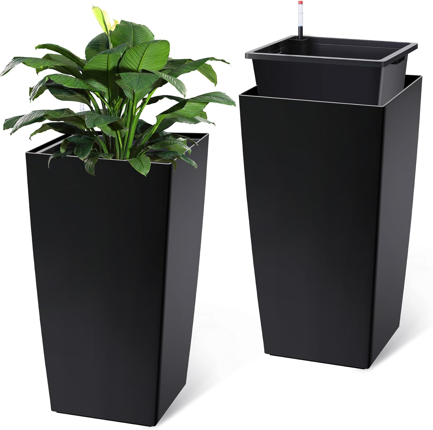 Garvee 30″ Tall Planters Set of 2, Outdoor＆Indoor Black Planter Pots, High Front Porch Planter Pots with Drainage Holes＆Water Level Monitor＆Inner Bucket,Black