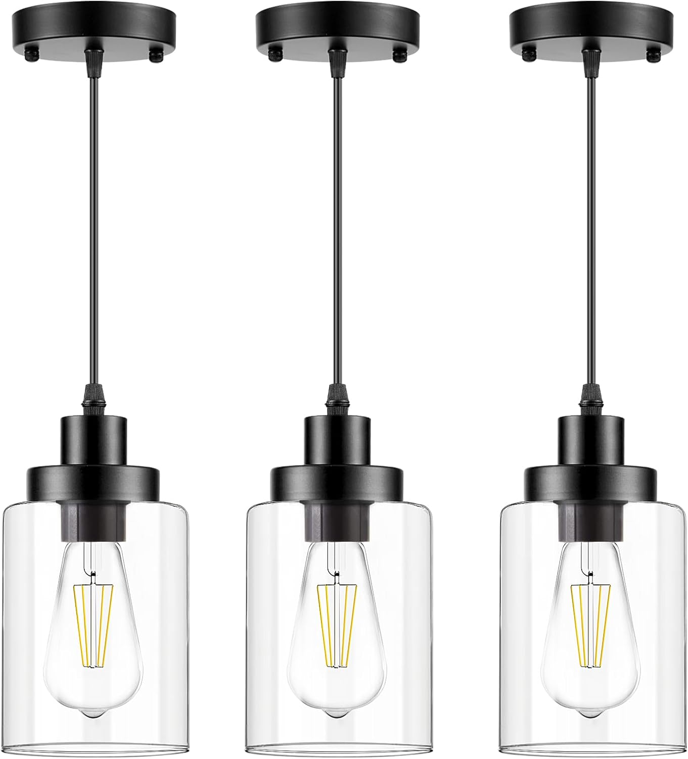 WimiSom Industrial Pendant Lighting, Modern Clear Glass Shade Farmhouse Adjustable Hanging Light Fixtures for Kitchen Island Living Room Bedroom Hallway, 3-Pack