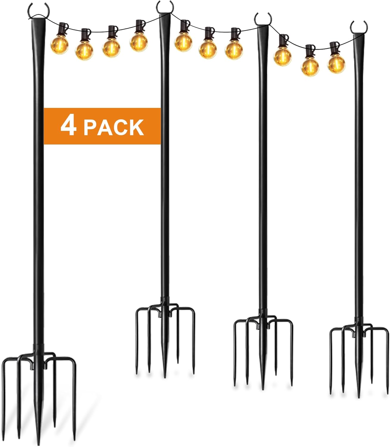4 Pack String Light Poles for Outside with Ground Stakes and Fence Clips | Adjustable 7-section metal patio light poles for string lights and lanterns; for garden, patio, backyard and outdoor decor.