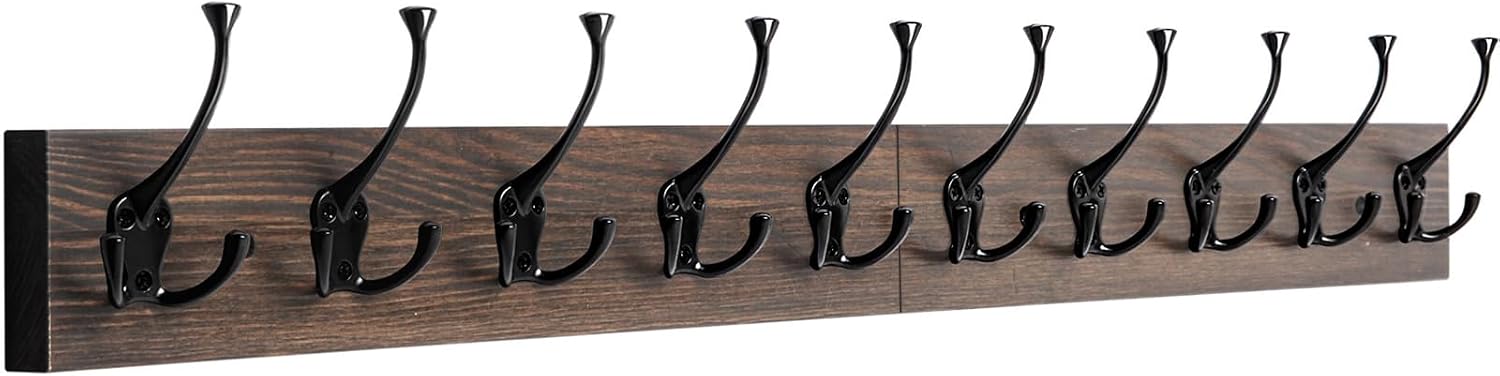 IBosins Vintage Wall Mounted Coat Rack, 34″ Long with 10 Black Tri-Hooks | Coat Hanger Wall Mount,10 Rustic Coat Hooks Rail for Entryway, Living Room, Coat, Scarf, Bag ,Towel, Hat