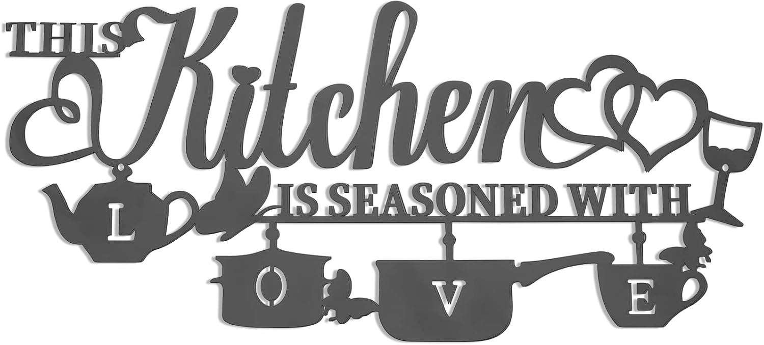 Metal Kitchen Wall Decor, This Kitchen is Seasoned with Love Black Word Name Sign Hanging Wall Art Decor, Rustic Iron Letters Quotes for Kitchen Farmhouse Dining Room Home Decor (A)