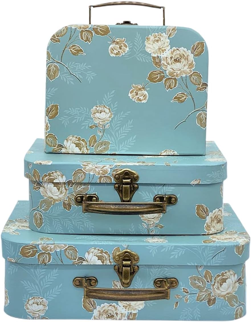 Decorative Box Set – 3 Storage Boxes with Lids, Keepsake & Trinket Boxes, Mini Luggage Gift Box, Vintage Suitcases Home Decoration