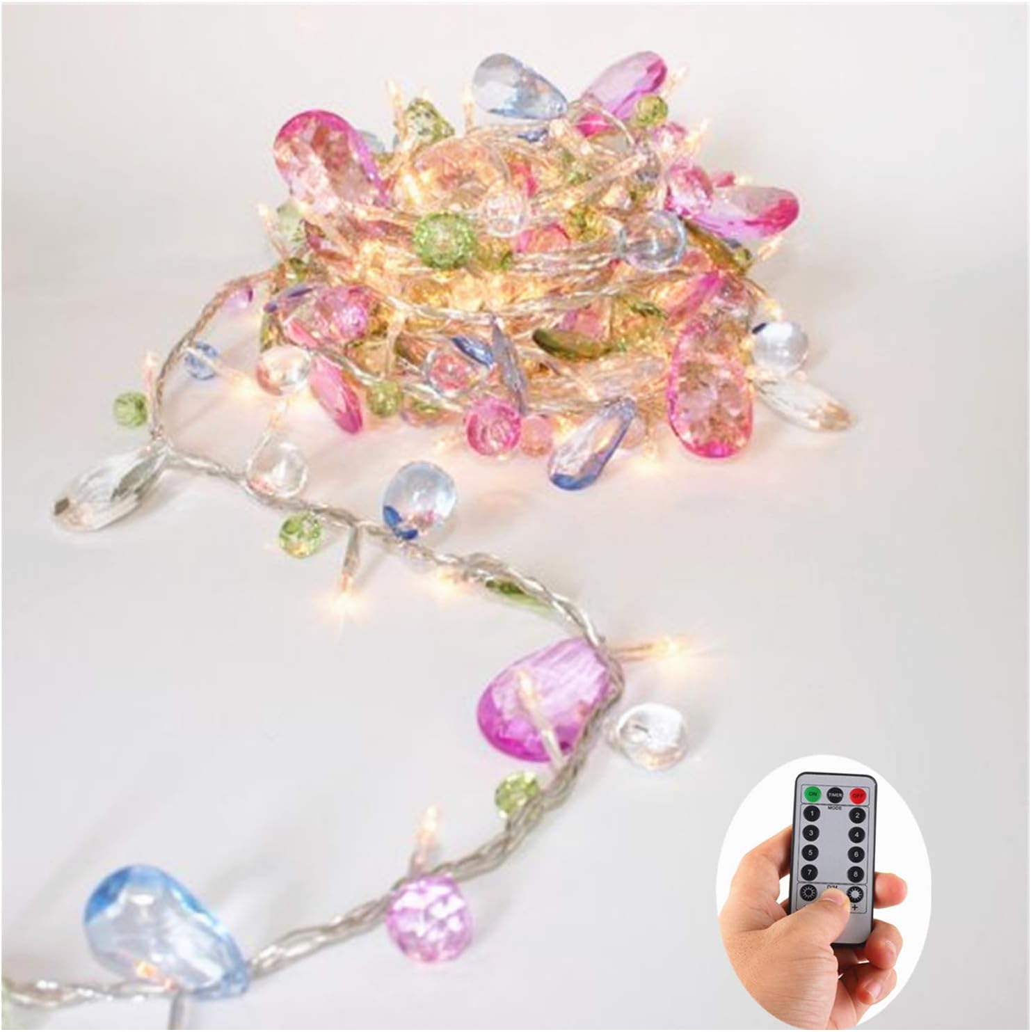 Battery Fairy String Lights Acrylic Gems Jewels String Lights with Remote | 9.8Ft 30 LED Battery Fairy Lights Crystal Ornaments with Dimmable Timer 8 Modes for Bedroom Wedding Party Whimsical Decor