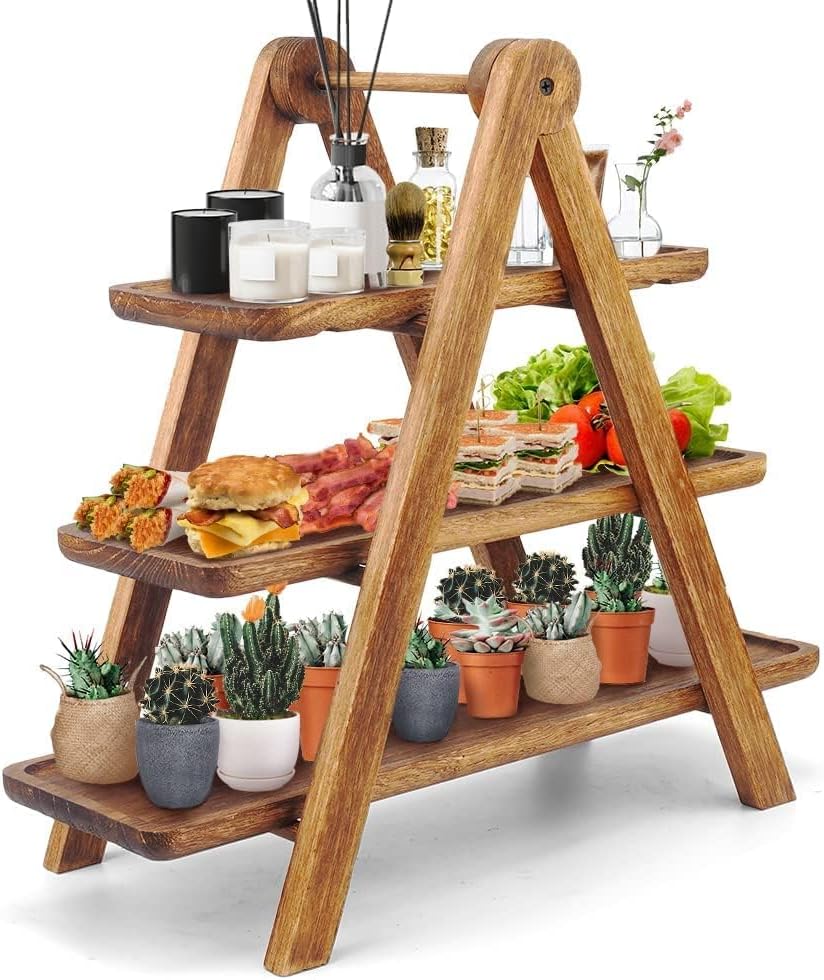 Manspdier Wood 3 Tier Serving Tray Three Tiered Cupcake Stand, Rectangle Serving Platter Wooden Farmhouse Tiered Tray, Party Serving Brown Decorative Tray Decor
