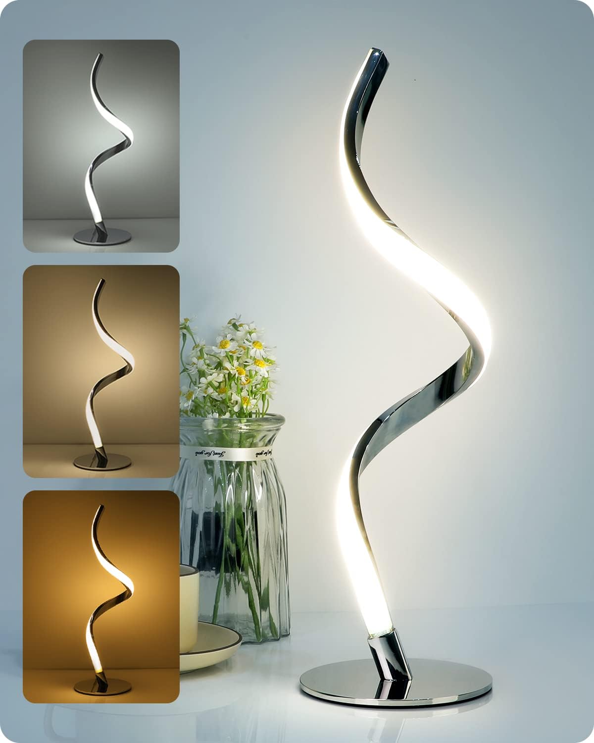 Yarra-Decor Modern Spiral Bedside Lamp – 3 Colors Touch Control LED Table Lamp, Stepless Dimmable Nightstand Lamps for Bedroom Living Room & Office(3000K 4000K 5000K)