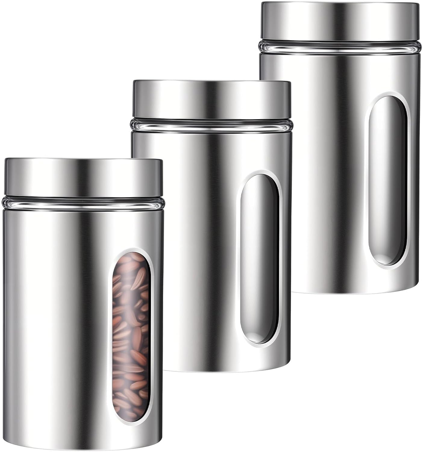 3 Pack Large Kitchen Canisters Set Airtight Coffee Sugar Tea Candy Storage Jars with Window Glass Stainless Steel Containers with Lids for Flour Cookies Spices Grains Kitchen Decorations(32oz)