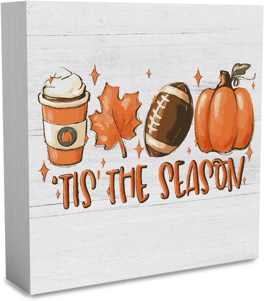 Fall Decorations for Home Fall Decor Rustic Tis’ the Season Pumpkin Sign, Autumn Thanksgiving Decor Sign for Home Office Bathroom Kitchen Bedroom Room Mantel Tiered Tray Decoration 5 x 5 Inches