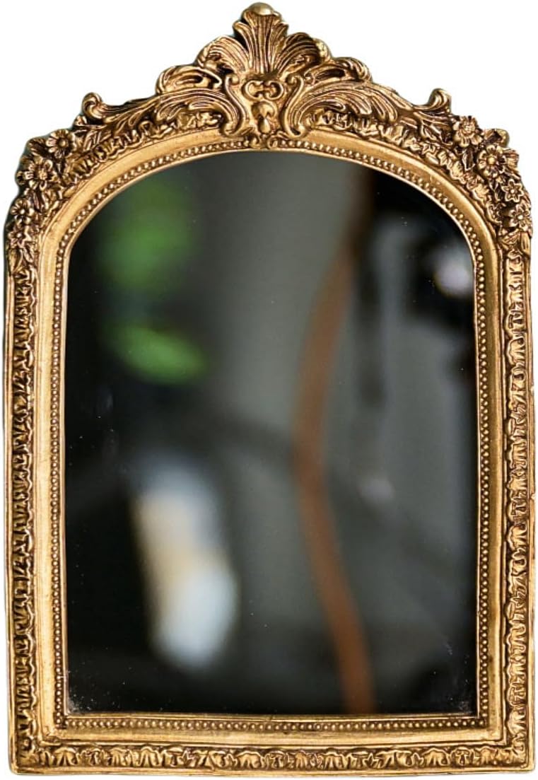 TenFuju 11” x 9.5” Small Gold Vintage Wall Mirror, Antique Gold Resin Baroque, Decorative Hanging & Tabletop
