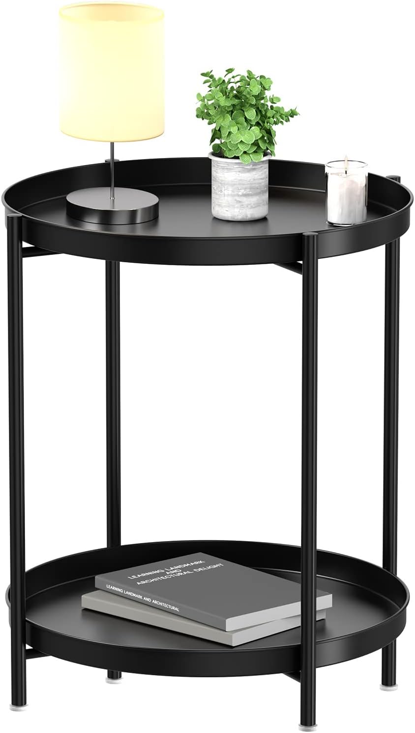 EKNITEY 2 Tier End Table – Metal Side Table with Removable Tray (Black) | Waterproof, Rustproof, Small Sofa Coffee Side Tables, Indoor Outdoor Use, for Living Room Bedroom Balcony and Office