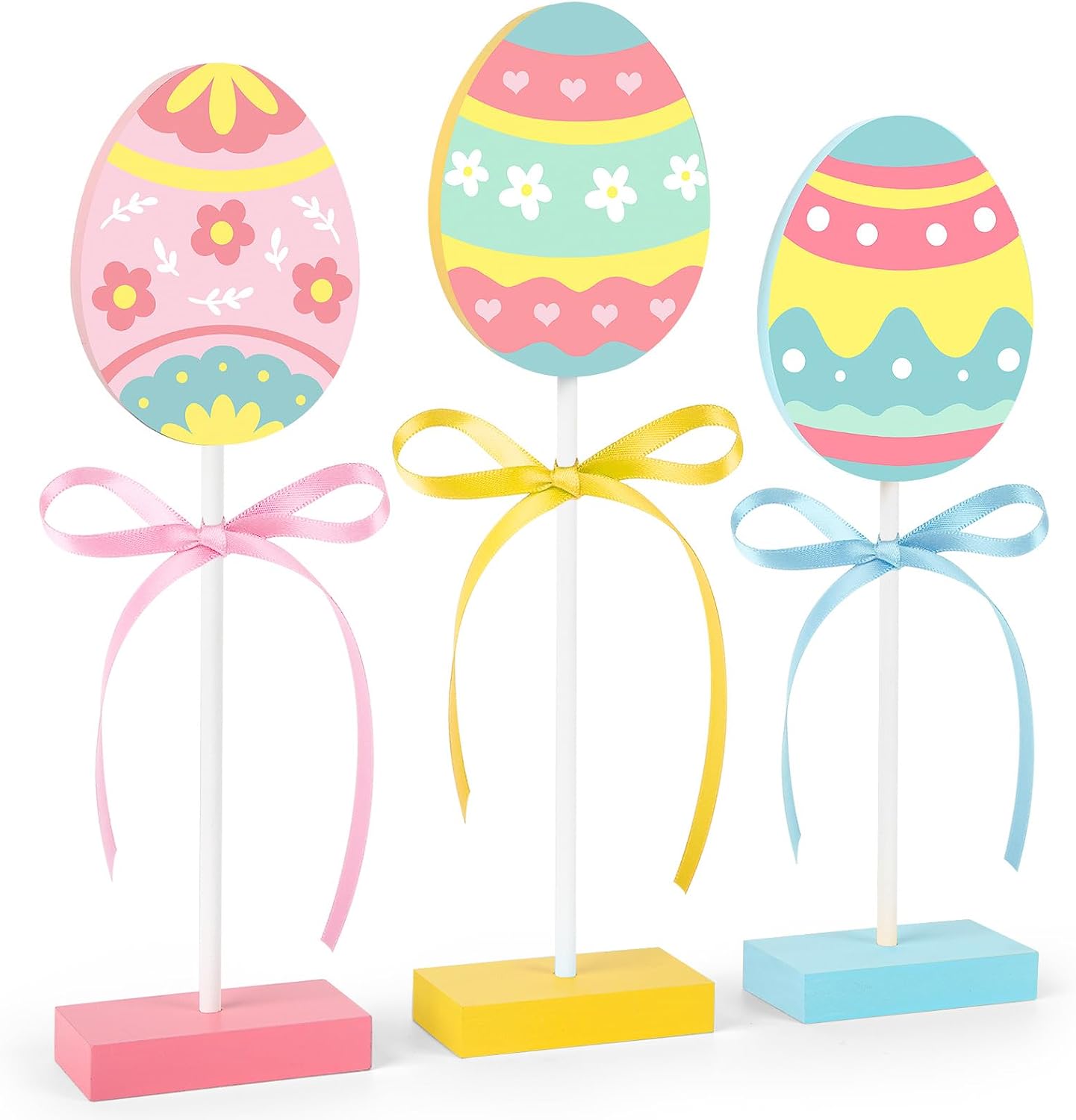 3 Pieces Easter Table Decorations, Wooden Eggs Signs, Colorful Easter Tiered Tray Decor for Home Kitchen Decorations (Eggs)