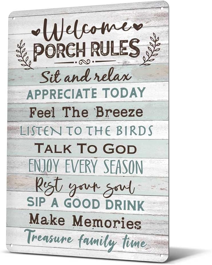 Heuhuww Welcome Porch Rules Tin Sign,Vintage Patio Wall Art,Outdoor Rustic Farmhouse Home Backyard Decor12″ x 8″(H20)