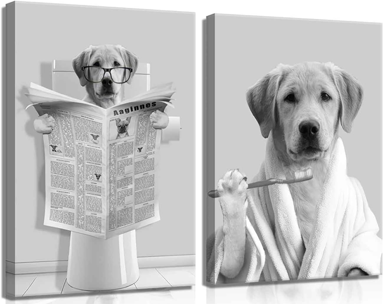 2Pcs Dog Bathroom Canvas Wall Art Funny Toilet Black And White Animal Wall Decor Pictures Unique Golden Retriever Bathroom Reading Newspaper Painting Posters Prints for Bathhouse Shop Home Decor