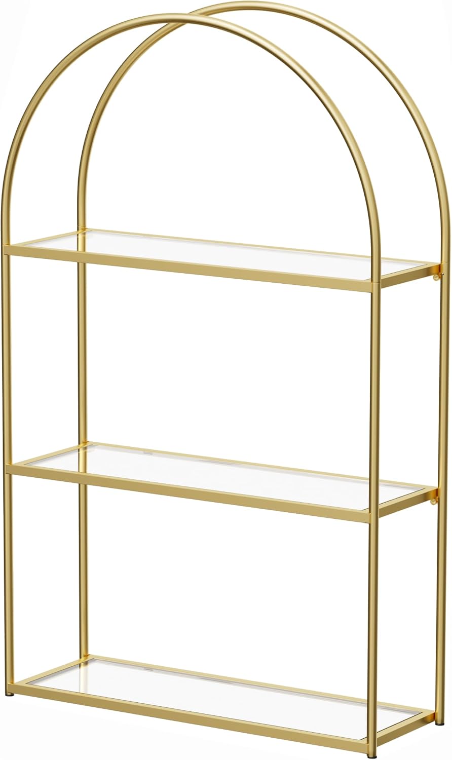 Crofy 3-Tier Arched Wall Shelf with Gold Frame & Transparent Shelves | Sturdy Tempered Clear Glass Shelves with Ample Storage Space; Decor for Living Room, Bath, Kitchen, Vanity & Home Office